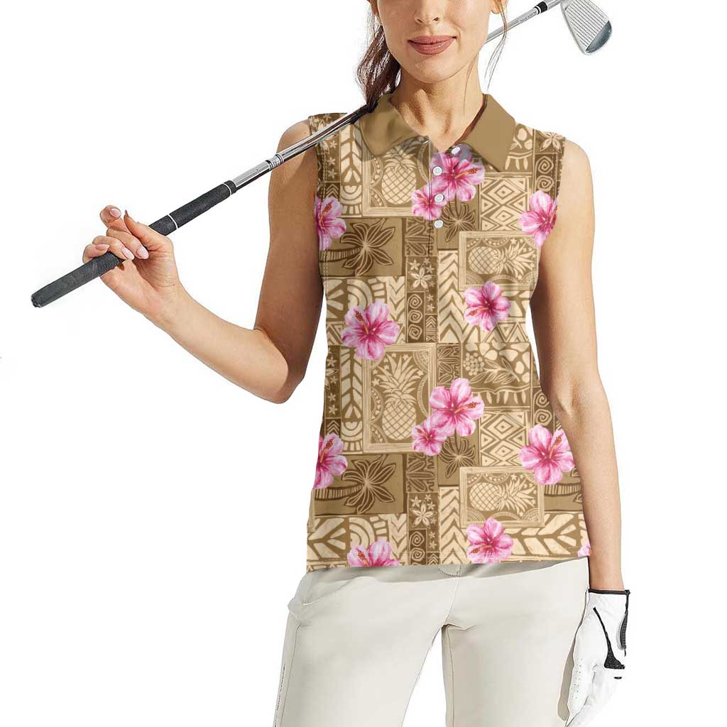 Beige Hawaii Hibiscus With Tropical Flowers Motifs Women Sleeveless Polo Shirt LT14 - Polynesian Pride