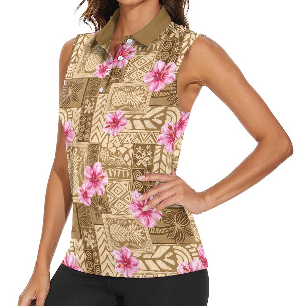 Beige Hawaii Hibiscus With Tropical Flowers Motifs Women Sleeveless Polo Shirt LT14 - Polynesian Pride