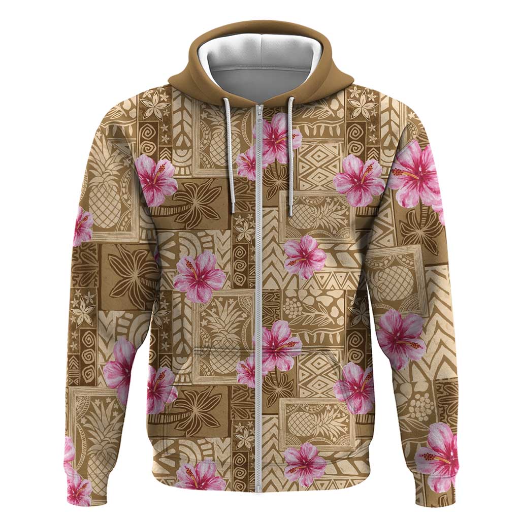 Beige Hawaii Hibiscus With Tropical Flowers Motifs Zip Hoodie - Polynesian Pride