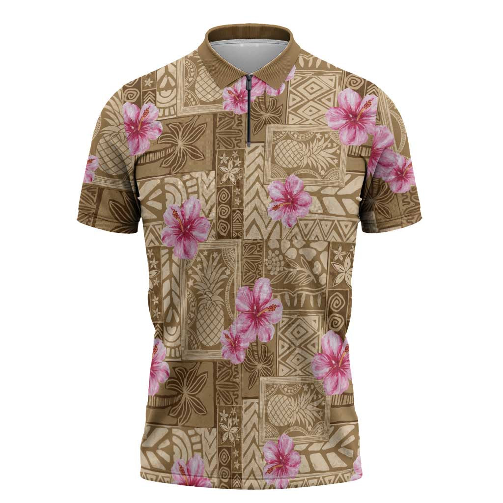 Beige Hawaii Hibiscus With Tropical Flowers Motifs Zipper Polo Shirt - Polynesian Pride