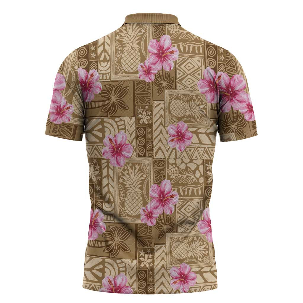 Beige Hawaii Hibiscus With Tropical Flowers Motifs Zipper Polo Shirt - Polynesian Pride