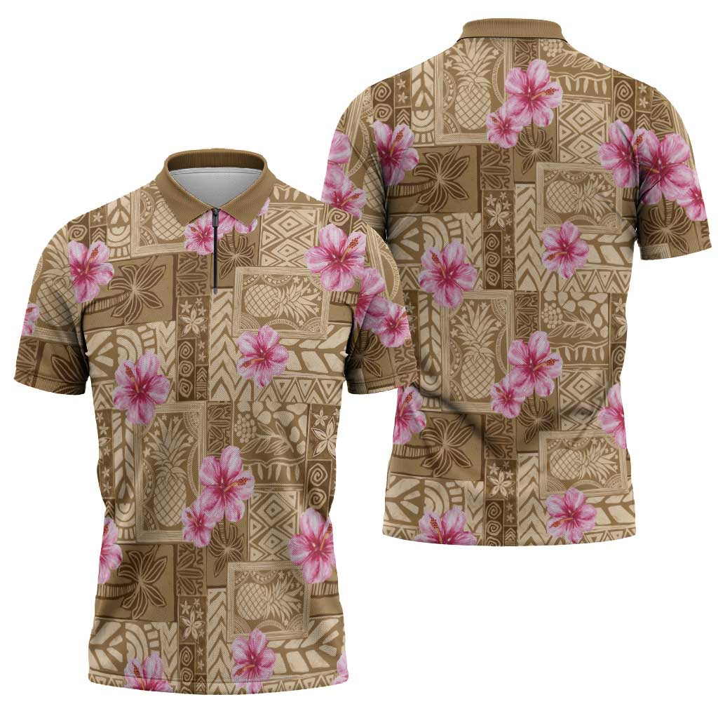 Beige Hawaii Hibiscus With Tropical Flowers Motifs Zipper Polo Shirt - Polynesian Pride