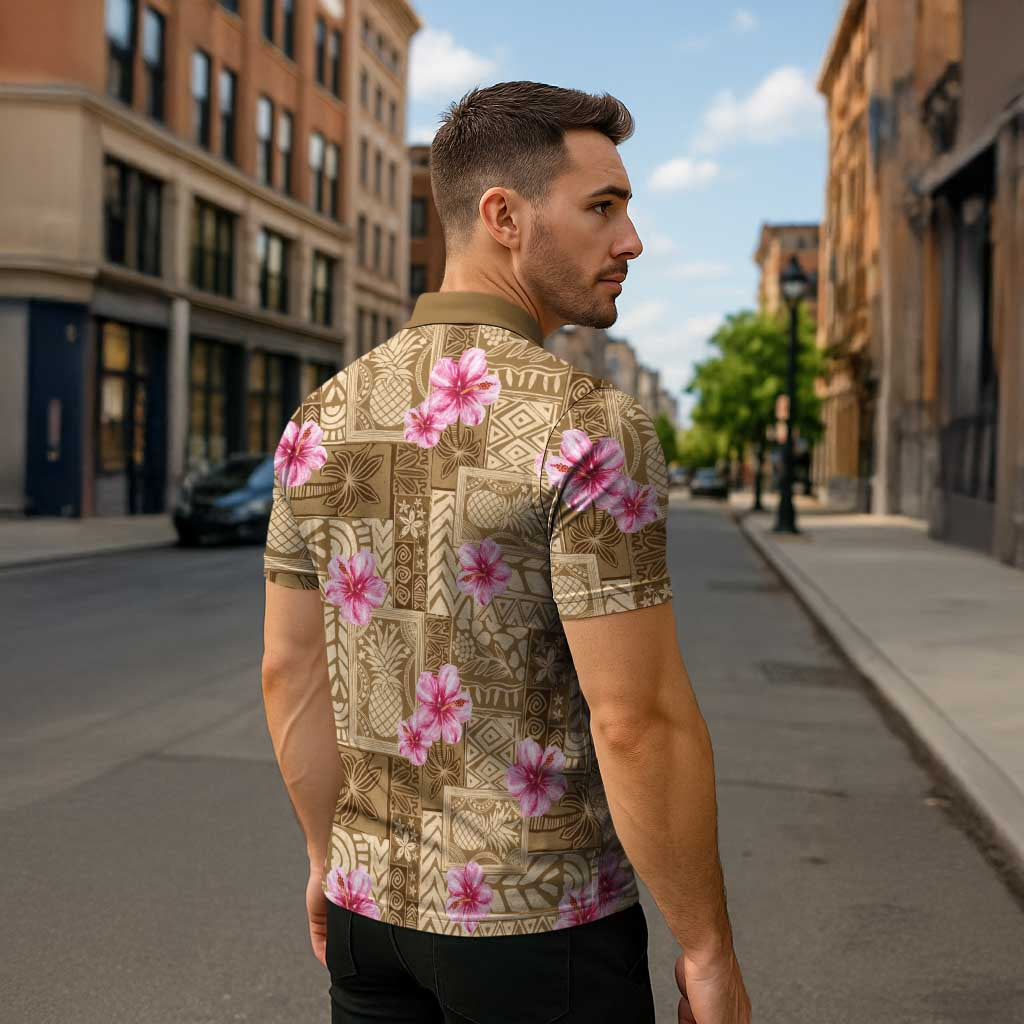 Beige Hawaii Hibiscus With Tropical Flowers Motifs Zipper Polo Shirt - Polynesian Pride