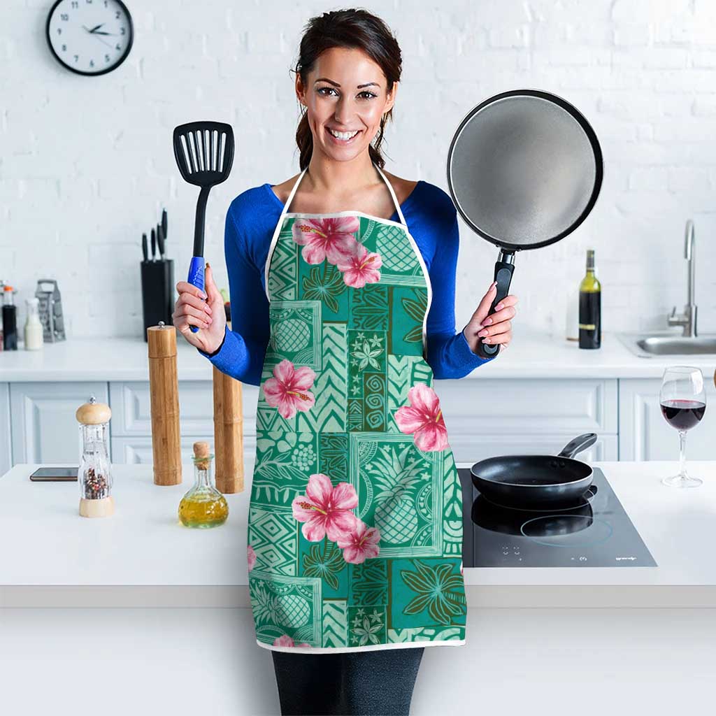 Cyan Hawaii Hibiscus With Tropical Flowers Motifs Apron - Polynesian Pride