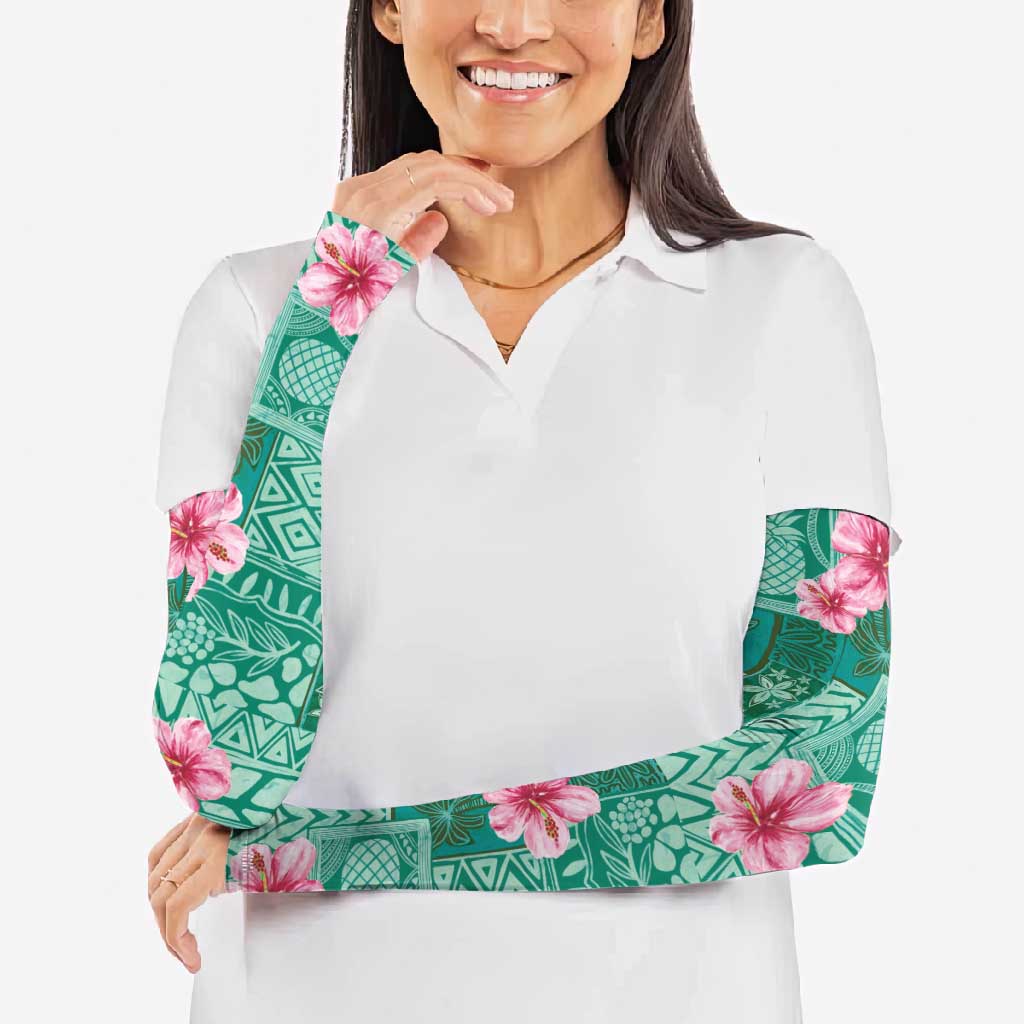 Cyan Hawaii Hibiscus With Tropical Flowers Motifs Arm Sleeves - Polynesian Pride