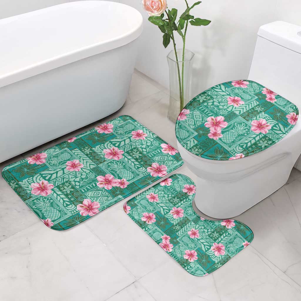 Cyan Hawaii Hibiscus With Tropical Flowers Motifs Bathroom Set - Polynesian Pride