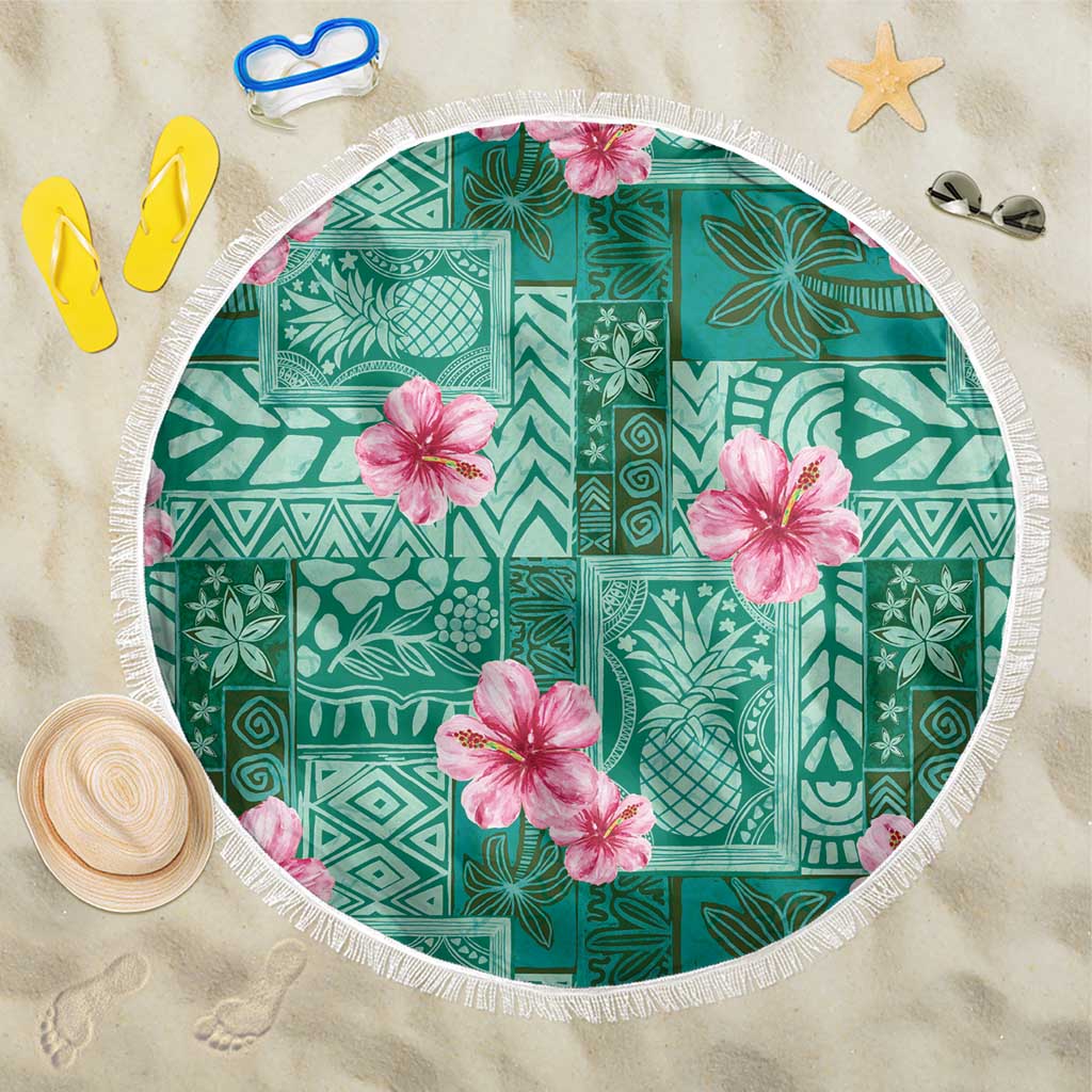 Cyan Hawaii Hibiscus With Tropical Flowers Motifs Beach Blanket - Polynesian Pride