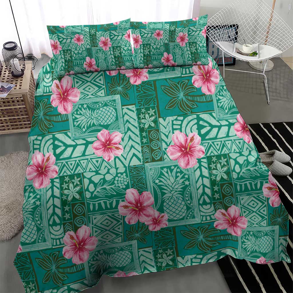 Cyan Hawaii Hibiscus With Tropical Flowers Motifs Bedding Set - Polynesian Pride
