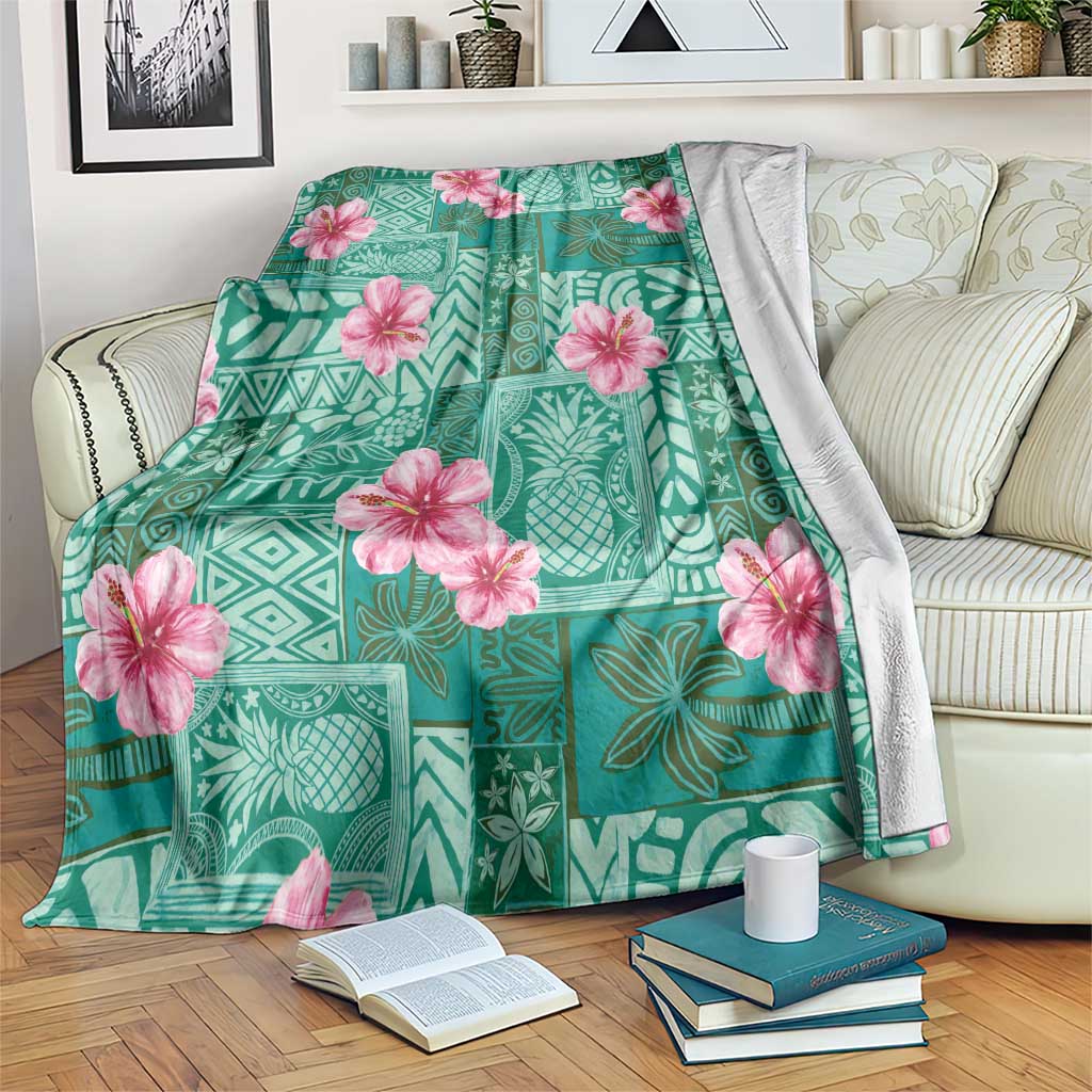 Cyan Hawaii Hibiscus With Tropical Flowers Motifs Blanket - Polynesian Pride