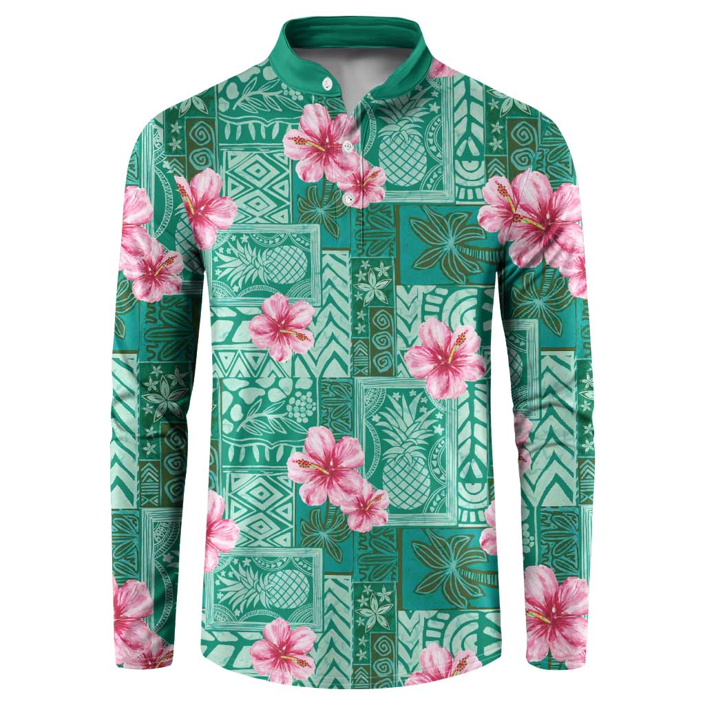Cyan Hawaii Hibiscus With Tropical Flowers Motifs Button Sweatshirt - Polynesian Pride