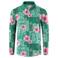 Cyan Hawaii Hibiscus With Tropical Flowers Motifs Button Sweatshirt - Polynesian Pride