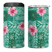 Cyan Hawaii Hibiscus With Tropical Flowers Motifs 4 in 1 Can Cooler Tumbler - Polynesian Pride
