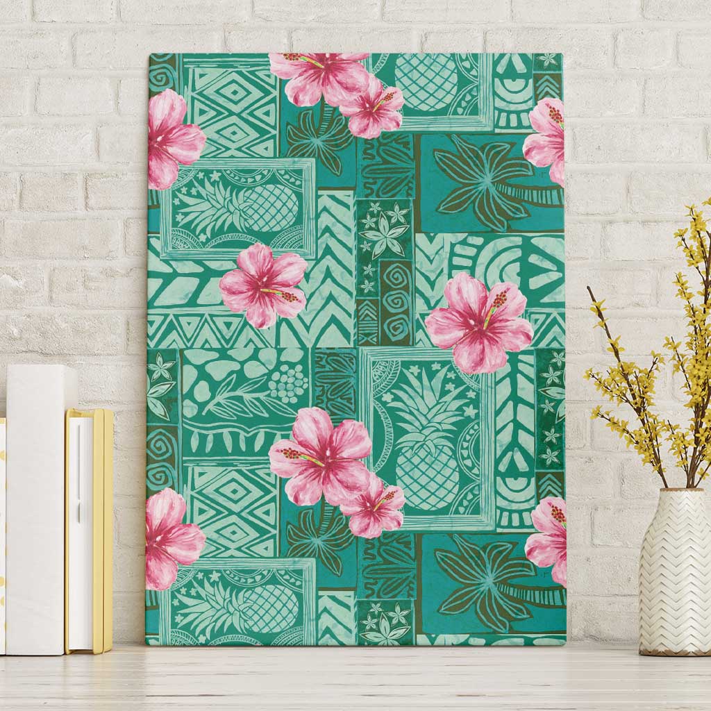 Cyan Hawaii Hibiscus With Tropical Flowers Motifs Canvas Wall Art - Polynesian Pride