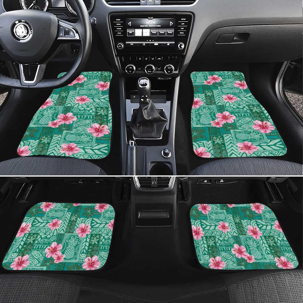 Cyan Hawaii Hibiscus With Tropical Flowers Motifs Car Mats - Polynesian Pride