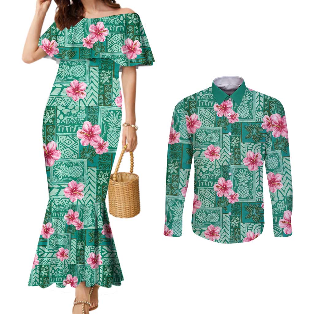 Cyan Hawaii Hibiscus With Tropical Flowers Motifs Couples Matching Mermaid Dress and Long Sleeve Button Shirt - Polynesian Pride