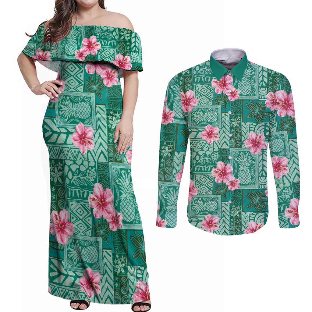 Cyan Hawaii Hibiscus With Tropical Flowers Motifs Couples Matching Off Shoulder Maxi Dress and Long Sleeve Button Shirt - Polynesian Pride
