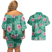 Cyan Hawaii Hibiscus With Tropical Flowers Motifs Couples Matching Off Shoulder Short Dress and Hawaiian Shirt - Polynesian Pride