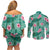 Cyan Hawaii Hibiscus With Tropical Flowers Motifs Couples Matching Off Shoulder Short Dress and Long Sleeve Button Shirt - Polynesian Pride