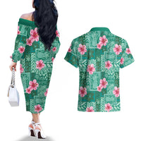 Cyan Hawaii Hibiscus With Tropical Flowers Motifs Couples Matching Off The Shoulder Long Sleeve Dress and Hawaiian Shirt - Polynesian Pride