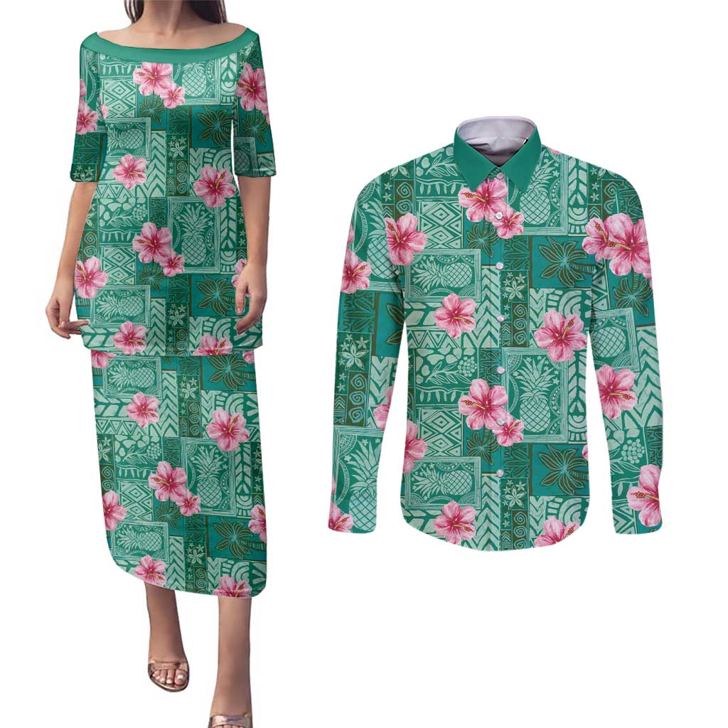 Cyan Hawaii Hibiscus With Tropical Flowers Motifs Couples Matching Puletasi and Long Sleeve Button Shirt - Polynesian Pride