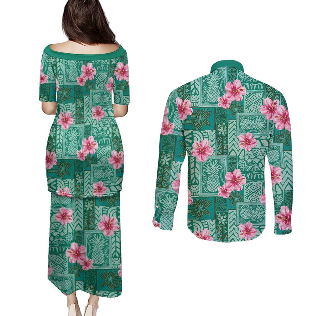 Cyan Hawaii Hibiscus With Tropical Flowers Motifs Couples Matching Puletasi and Long Sleeve Button Shirt - Polynesian Pride