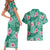 Cyan Hawaii Hibiscus With Tropical Flowers Motifs Couples Matching Short Sleeve Bodycon Dress and Hawaiian Shirt - Polynesian Pride