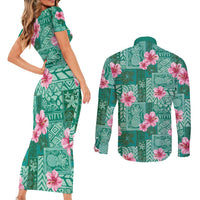 Cyan Hawaii Hibiscus With Tropical Flowers Motifs Couples Matching Short Sleeve Bodycon Dress and Long Sleeve Button Shirt - Polynesian Pride