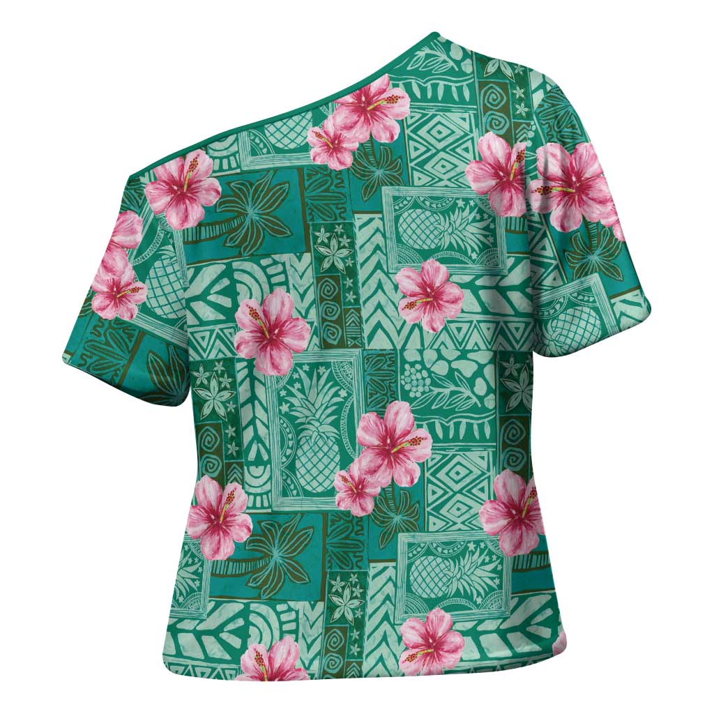 Cyan Hawaii Hibiscus With Tropical Flowers Motifs Cross Shoulder Shirt - Polynesian Pride