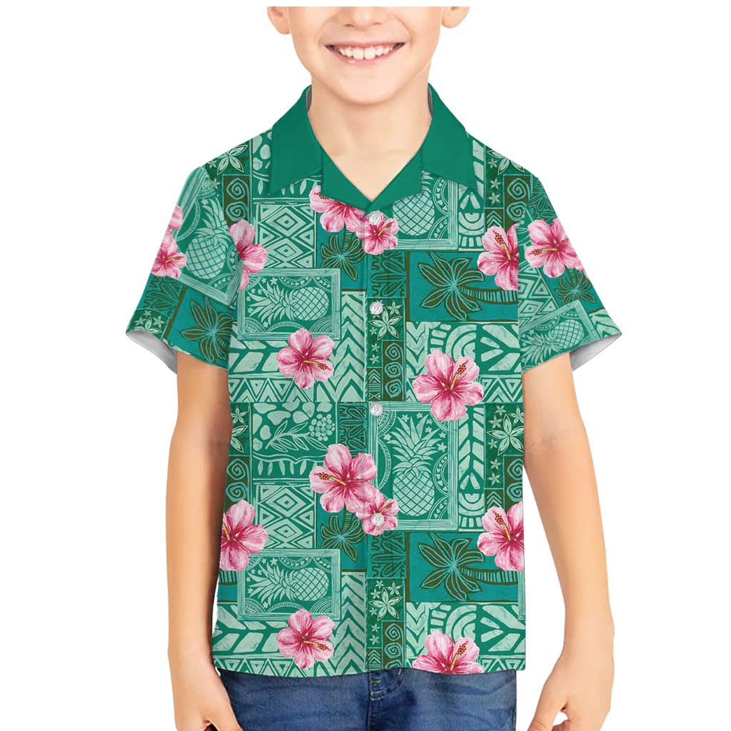 Cyan Hawaii Hibiscus With Tropical Flowers Motifs Family Matching Mermaid Dress and Hawaiian Shirt - Polynesian Pride