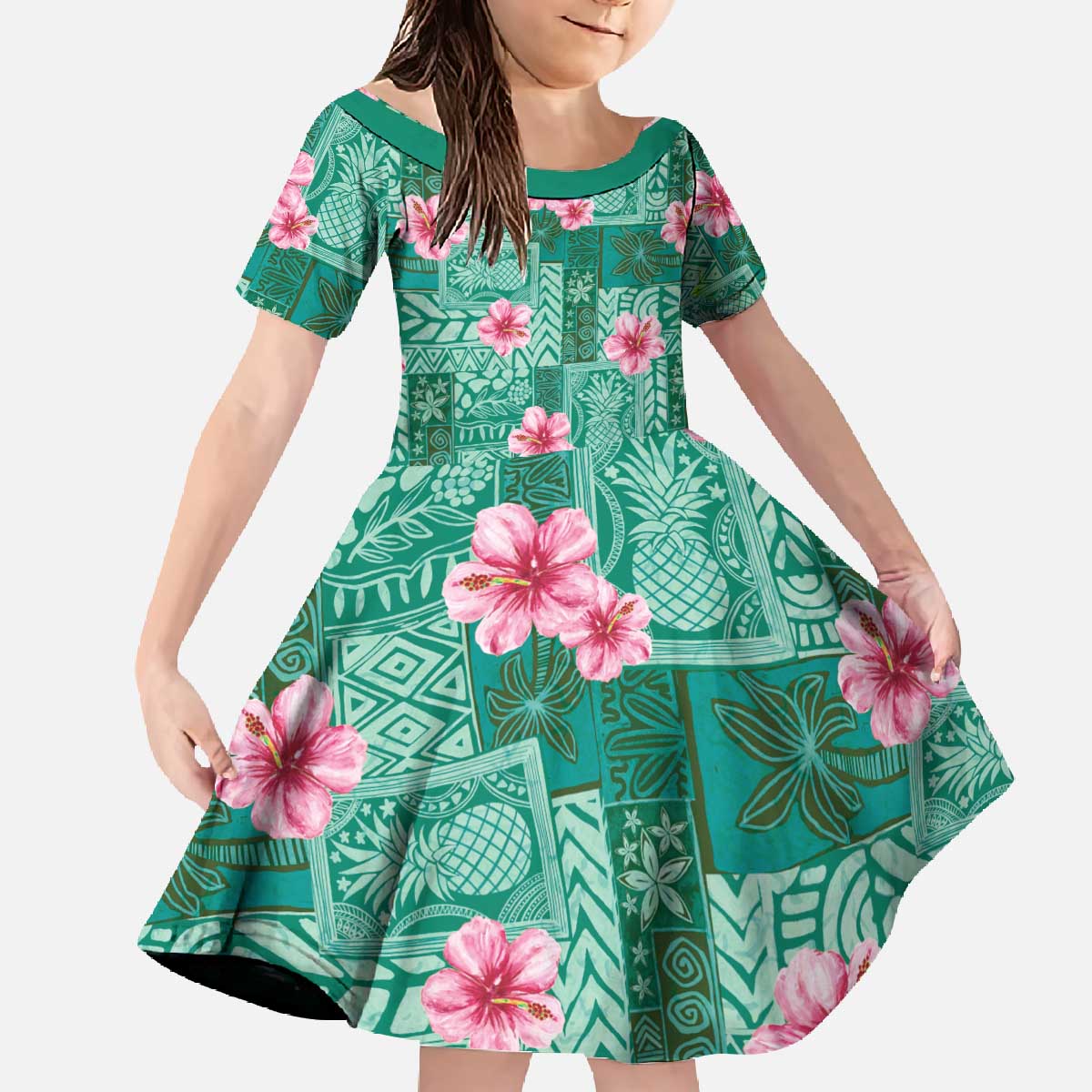Cyan Hawaii Hibiscus With Tropical Flowers Motifs Family Matching Off The Shoulder Long Sleeve Dress and Hawaiian Shirt - Polynesian Pride