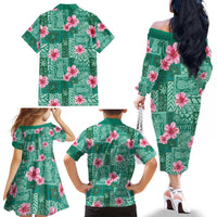 Cyan Hawaii Hibiscus With Tropical Flowers Motifs Family Matching Off The Shoulder Long Sleeve Dress and Hawaiian Shirt - Polynesian Pride