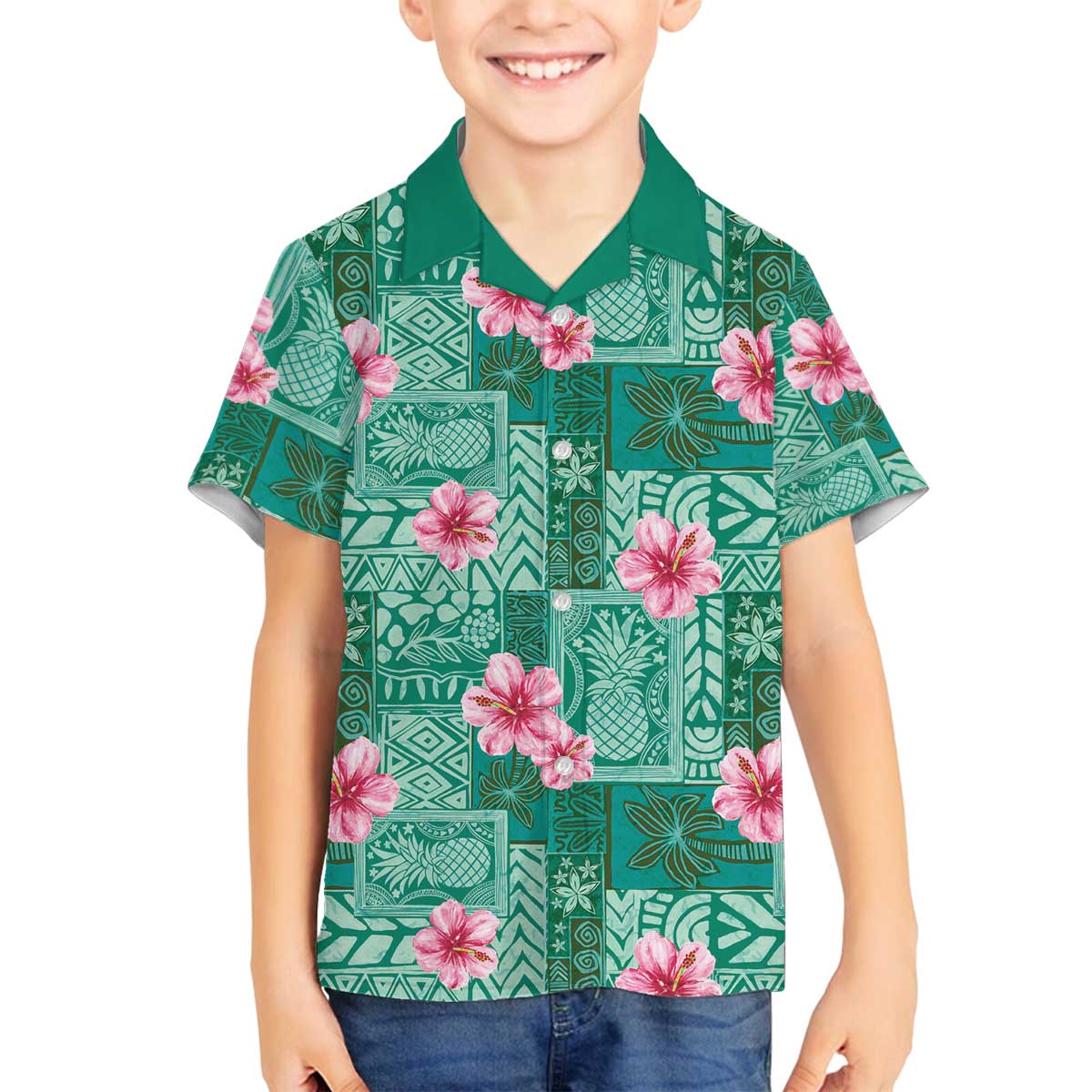 Cyan Hawaii Hibiscus With Tropical Flowers Motifs Family Matching Off The Shoulder Long Sleeve Dress and Hawaiian Shirt - Polynesian Pride