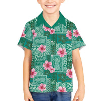 Cyan Hawaii Hibiscus With Tropical Flowers Motifs Family Matching Off The Shoulder Long Sleeve Dress and Hawaiian Shirt - Polynesian Pride
