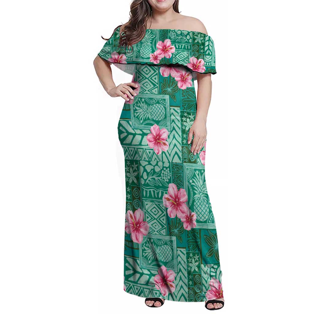 Cyan Hawaii Hibiscus With Tropical Flowers Motifs Family Matching Off Shoulder Maxi Dress and Hawaiian Shirt - Polynesian Pride