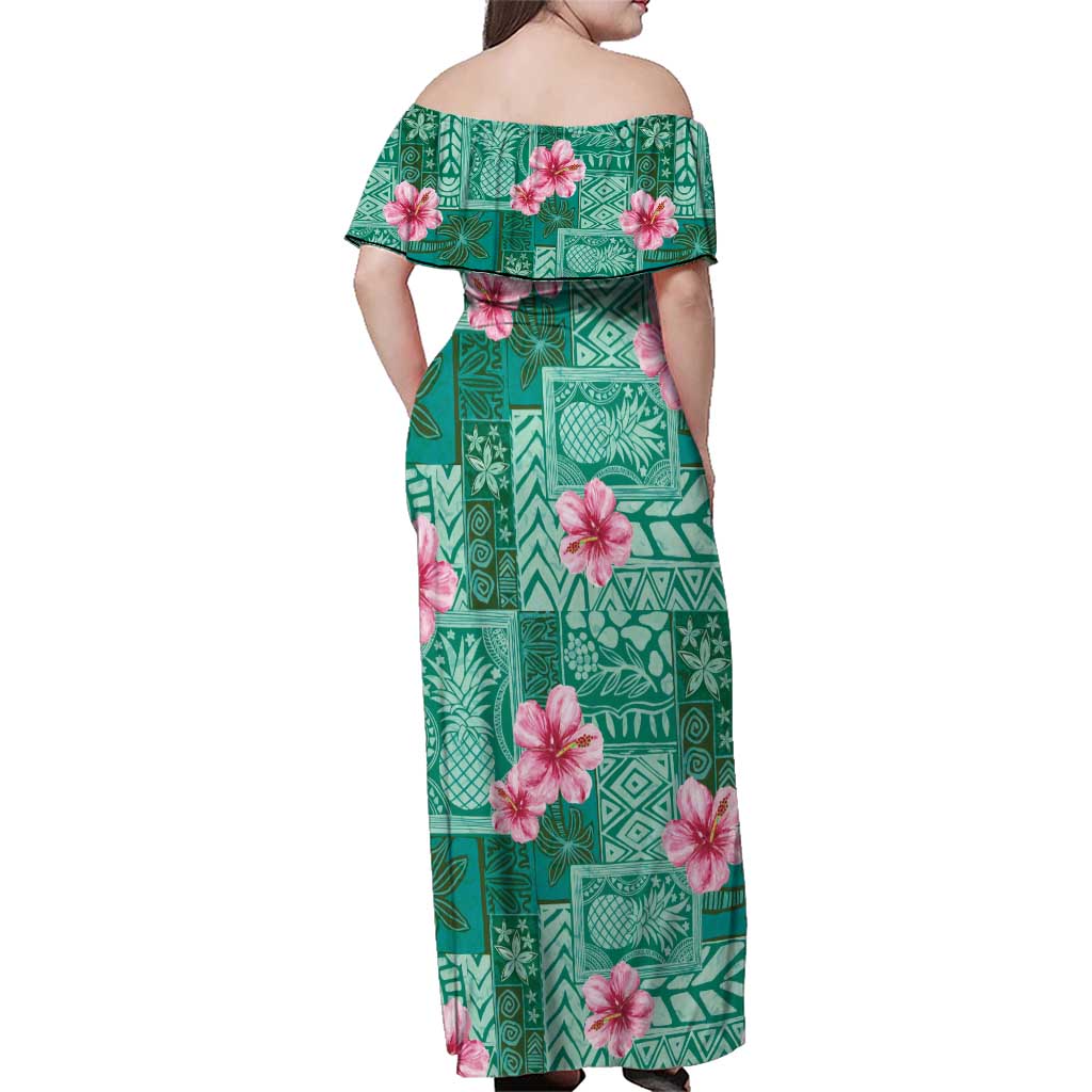 Cyan Hawaii Hibiscus With Tropical Flowers Motifs Family Matching Off Shoulder Maxi Dress and Hawaiian Shirt - Polynesian Pride