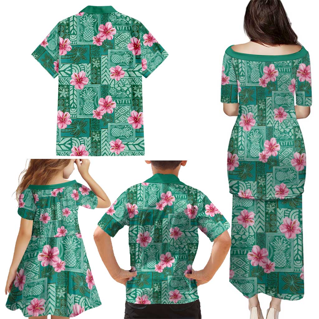 Cyan Hawaii Hibiscus With Tropical Flowers Motifs Family Matching Puletasi and Hawaiian Shirt - Polynesian Pride