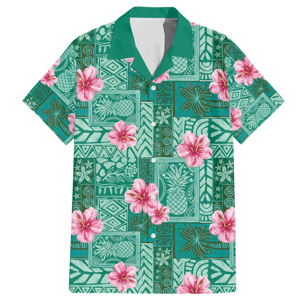 Cyan Hawaii Hibiscus With Tropical Flowers Motifs Family Matching Short Sleeve Bodycon Dress and Hawaiian Shirt - Polynesian Pride