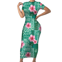 Cyan Hawaii Hibiscus With Tropical Flowers Motifs Family Matching Short Sleeve Bodycon Dress and Hawaiian Shirt - Polynesian Pride