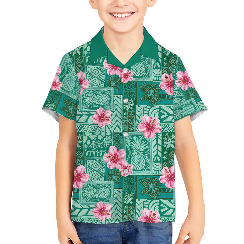 Cyan Hawaii Hibiscus With Tropical Flowers Motifs Family Matching Short Sleeve Bodycon Dress and Hawaiian Shirt - Polynesian Pride
