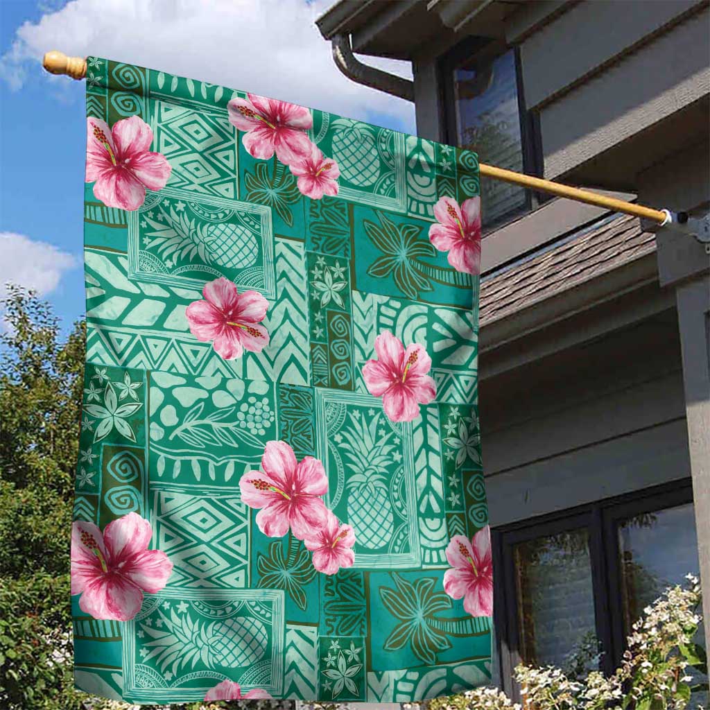 Cyan Hawaii Hibiscus With Tropical Flowers Motifs Garden Flag - Polynesian Pride