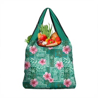 Cyan Hawaii Hibiscus With Tropical Flowers Motifs Grocery Bag LT14 1-pack One Size Cyan - Polynesian Pride