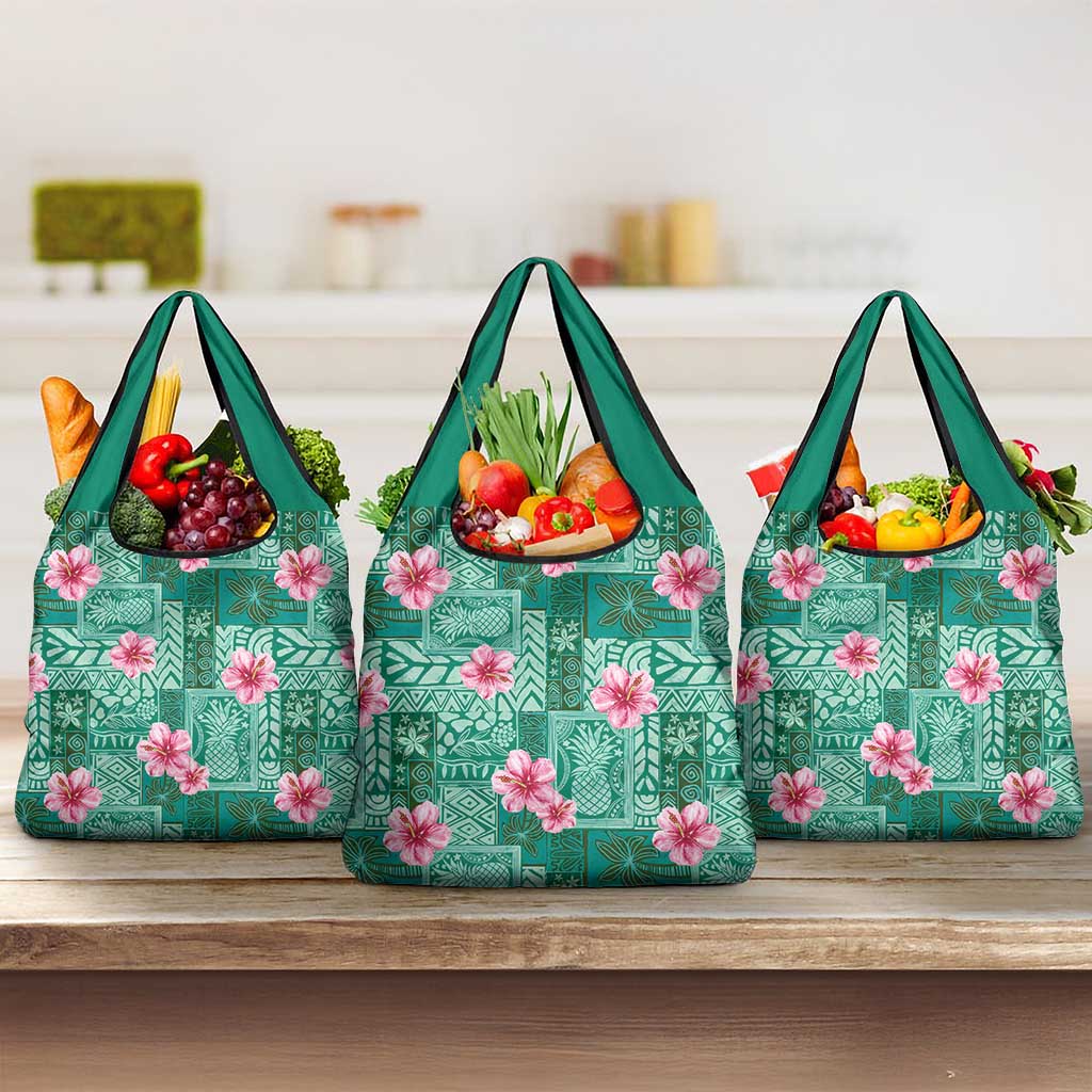 Cyan Hawaii Hibiscus With Tropical Flowers Motifs Grocery Bag LT14 3-pack One Size Cyan - Polynesian Pride
