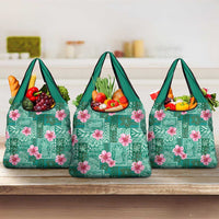 Cyan Hawaii Hibiscus With Tropical Flowers Motifs Grocery Bag LT14 3-pack One Size Cyan - Polynesian Pride