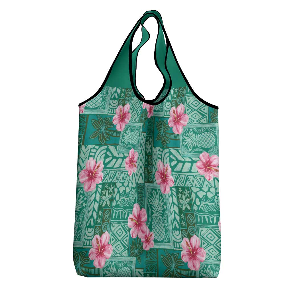 Cyan Hawaii Hibiscus With Tropical Flowers Motifs Grocery Bag LT14 - Polynesian Pride