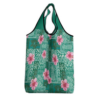 Cyan Hawaii Hibiscus With Tropical Flowers Motifs Grocery Bag LT14 - Polynesian Pride
