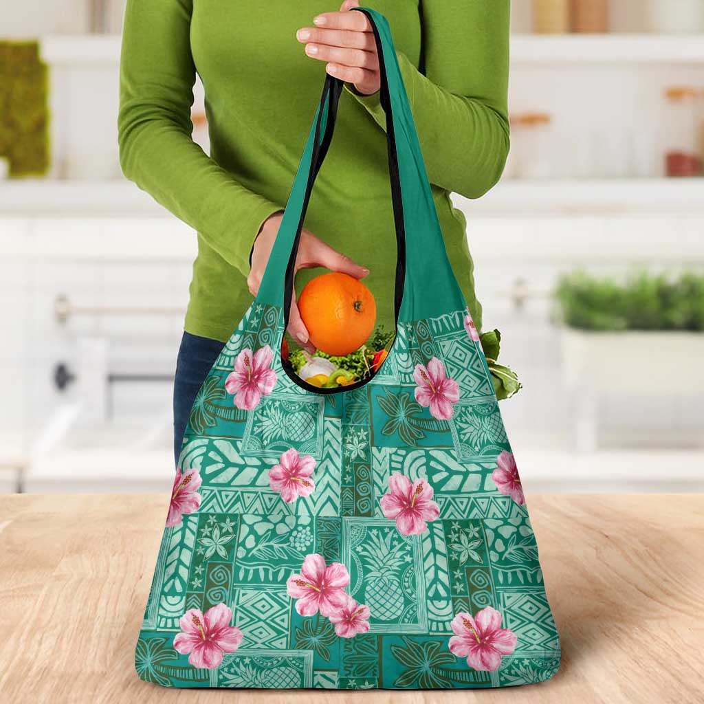 Cyan Hawaii Hibiscus With Tropical Flowers Motifs Grocery Bag LT14 - Polynesian Pride