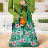 Cyan Hawaii Hibiscus With Tropical Flowers Motifs Grocery Bag LT14 - Polynesian Pride
