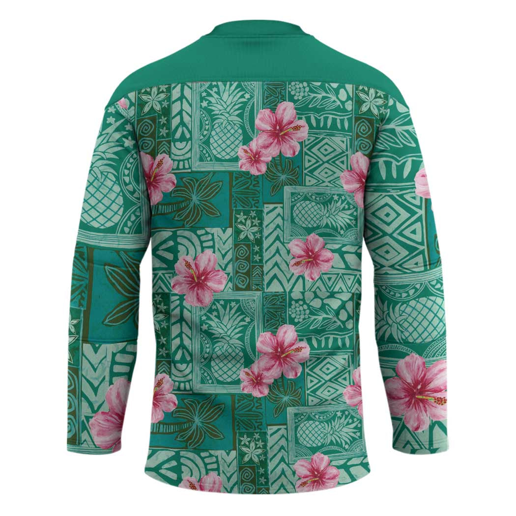 Cyan Hawaii Hibiscus With Tropical Flowers Motifs Hockey Jersey - Polynesian Pride