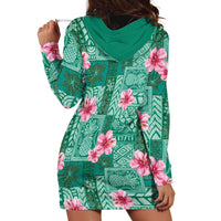 Cyan Hawaii Hibiscus With Tropical Flowers Motifs Hoodie Dress - Polynesian Pride
