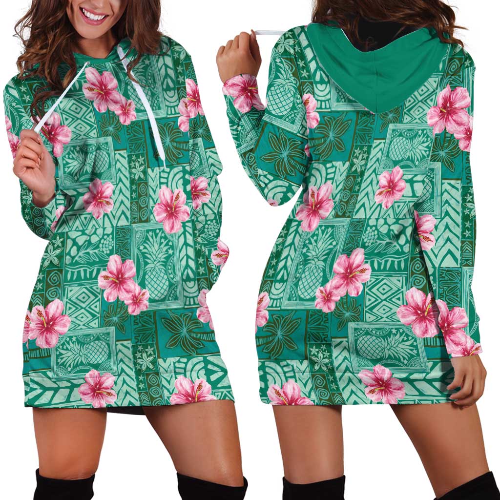 Cyan Hawaii Hibiscus With Tropical Flowers Motifs Hoodie Dress - Polynesian Pride